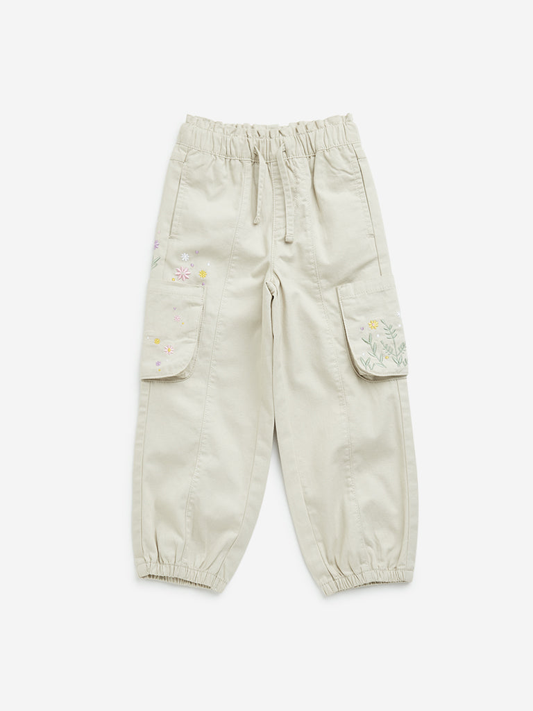 HOP Kids Off-White Floral Embroidered High-Rise Cotton Joggers