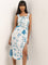 Bombay Paisley White Foliage Print A-Line Slit Dress