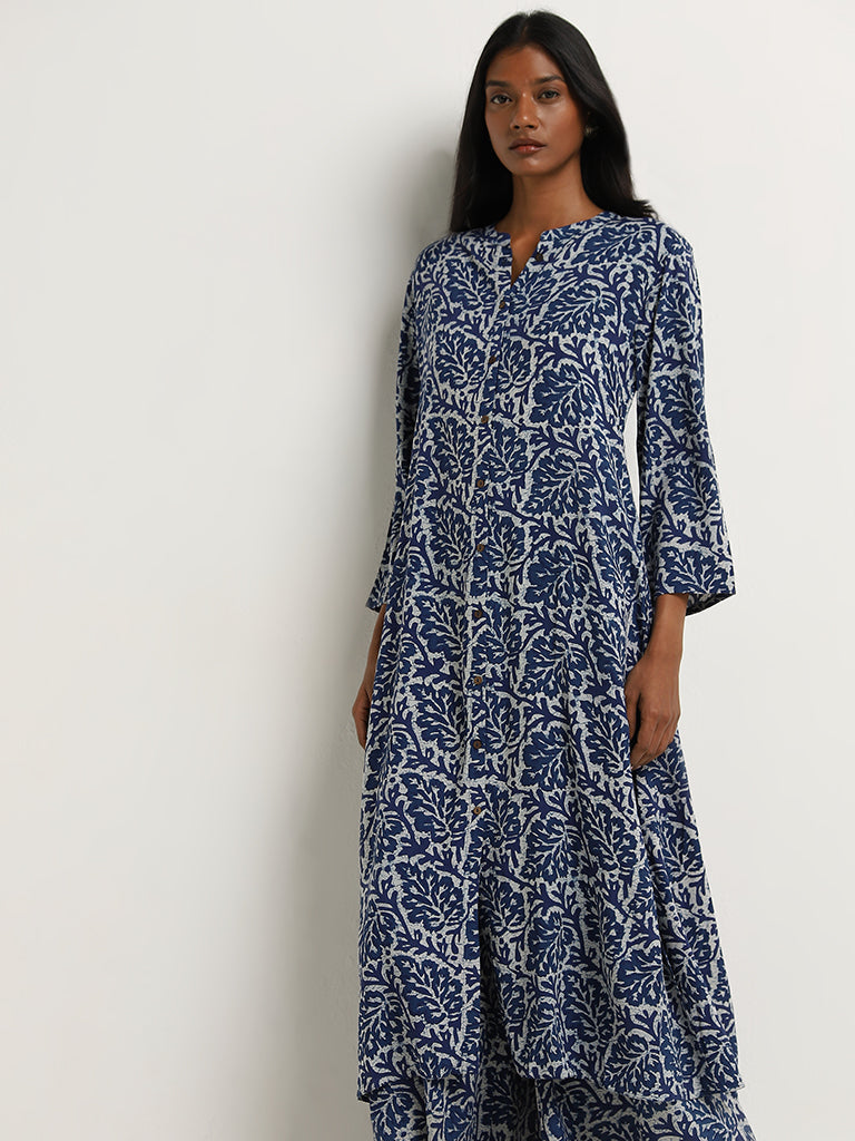 Utsa Blue Leaf Printed A-Line Kurta