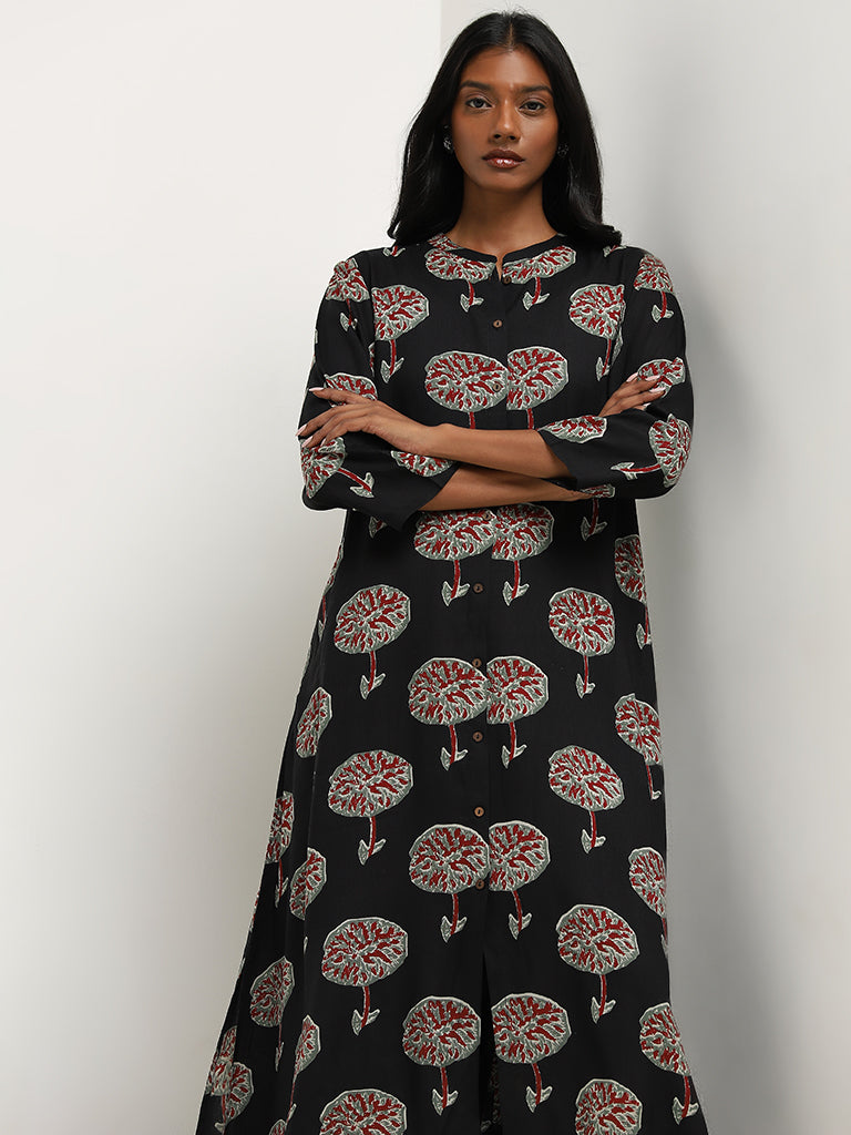 Utsa Black Foliage Design A-Line Kurta