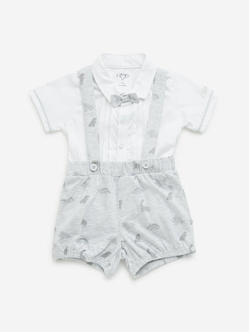 HOP Baby Grey Dinosaur Cotton Dungaree, Shirt & Bow Set