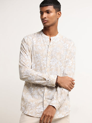 ETA Beige Botanical Print Grandad Relaxed Fit Shirt