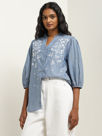 LOV Blue Floral Embroidered Cotton Top