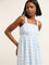 Nuon White & Blue Printed Blended Linen Skater Dress