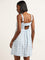 Nuon White & Blue Printed Blended Linen Skater Dress