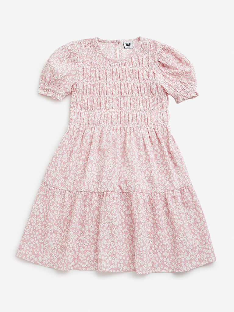 Y&F Kids Pink Floral Printed Tiered Dress