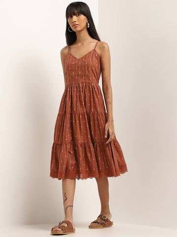 Bombay Paisley Rust Embroidered Tiered Cotton Dress