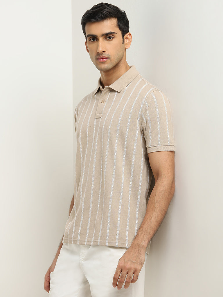 WES Casuals Light Brown Striped Relaxed-Fit Polo T-Shirt