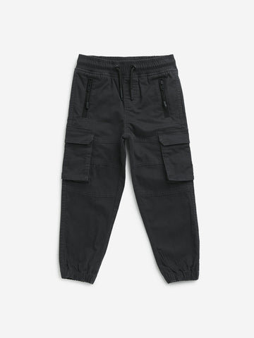 HOP Kids Black Cargo-Style Mid-Rise Cotton Blend Joggers