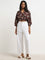 LOV Brown Floral Print Blended Linen Blouse