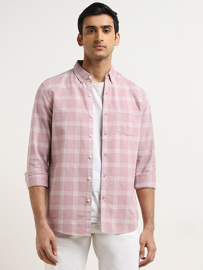 WES Casuals Pink Checkered Design Slim-Fit Cotton Shirt