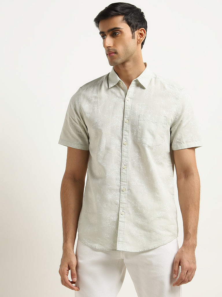 WES Casuals Sage Floral Slim-Fit Blended Linen Shirt