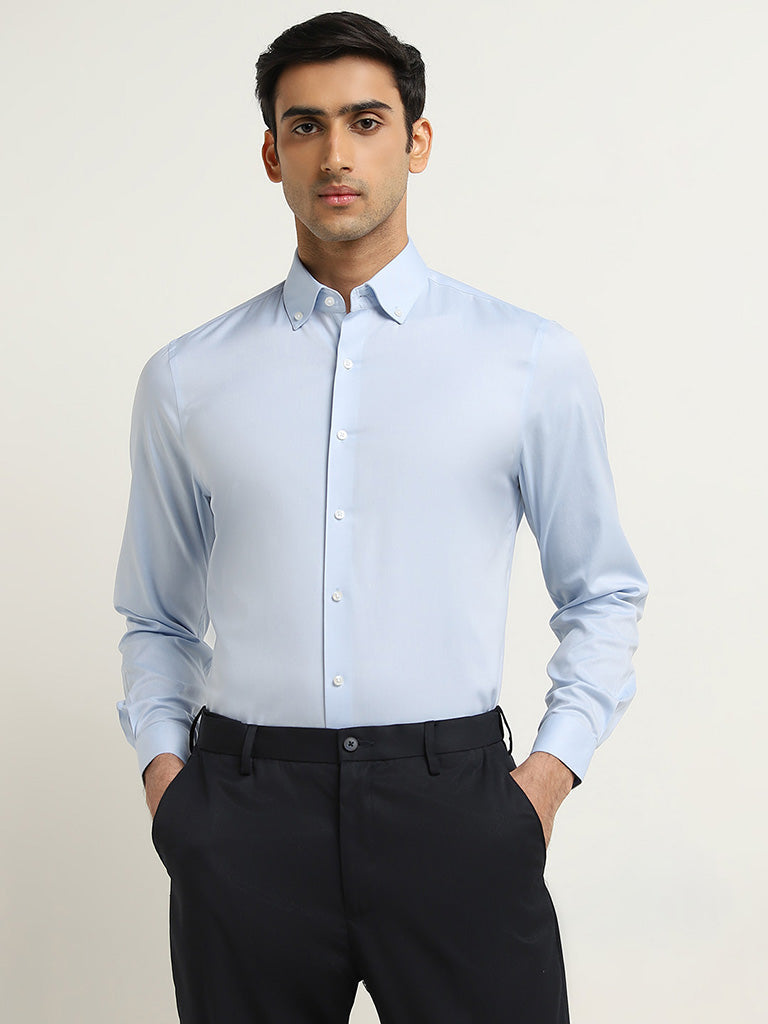 WES Formals Light Blue Solid Slim-Fit Shirt