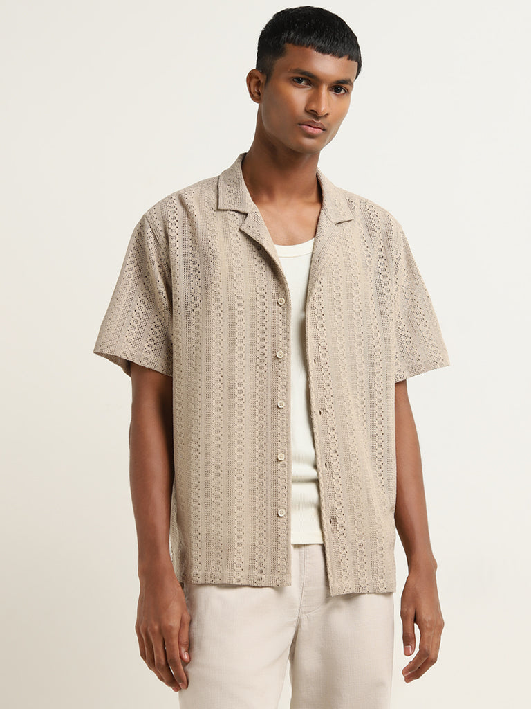 ETA Dark Taupe Knit-Textured Relaxed-Fit Cotton Shirt