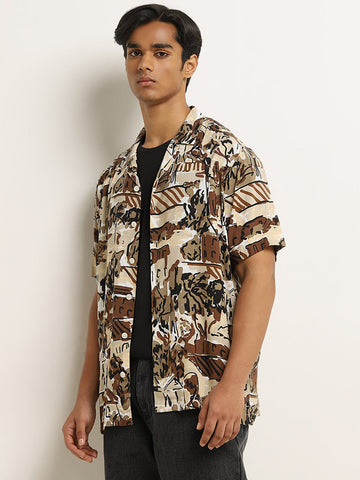 Nuon Brown Abstract Design Relaxed-Fit Shirt