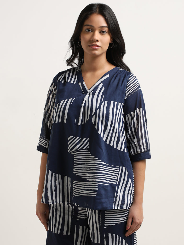 Gia Navy Abstract Print Cotton Blouse