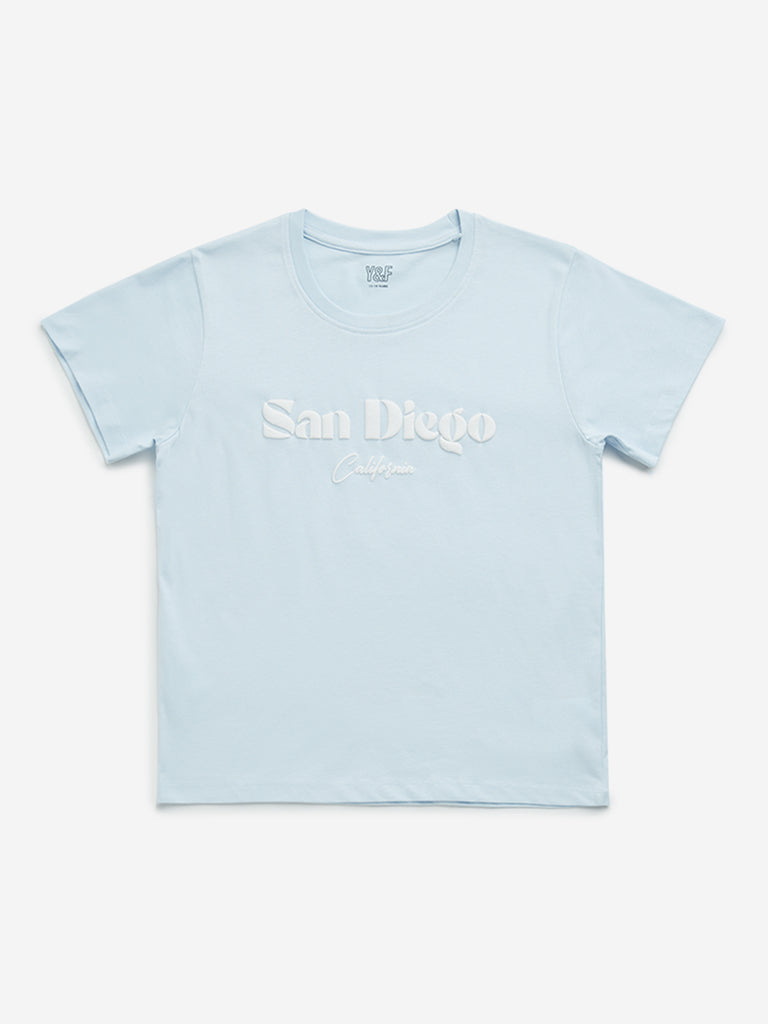 Y&F Kids Light Blue Text Embossed Cotton T-Shirt