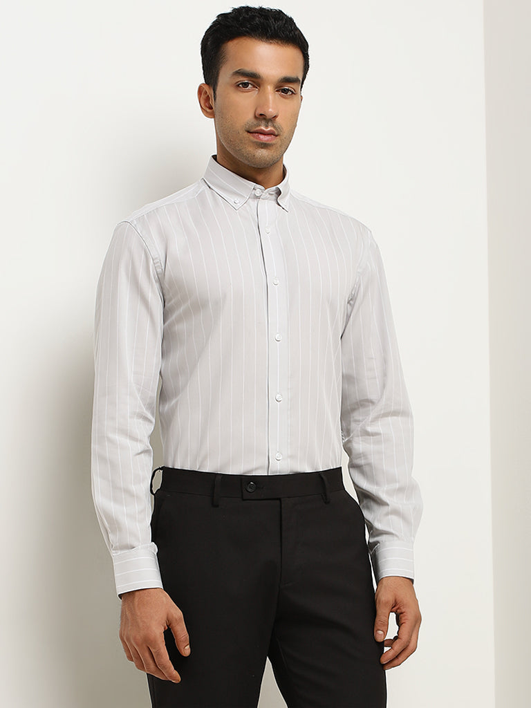 WES Formals Off-White Striped Slim-Fit Cotton Shirt