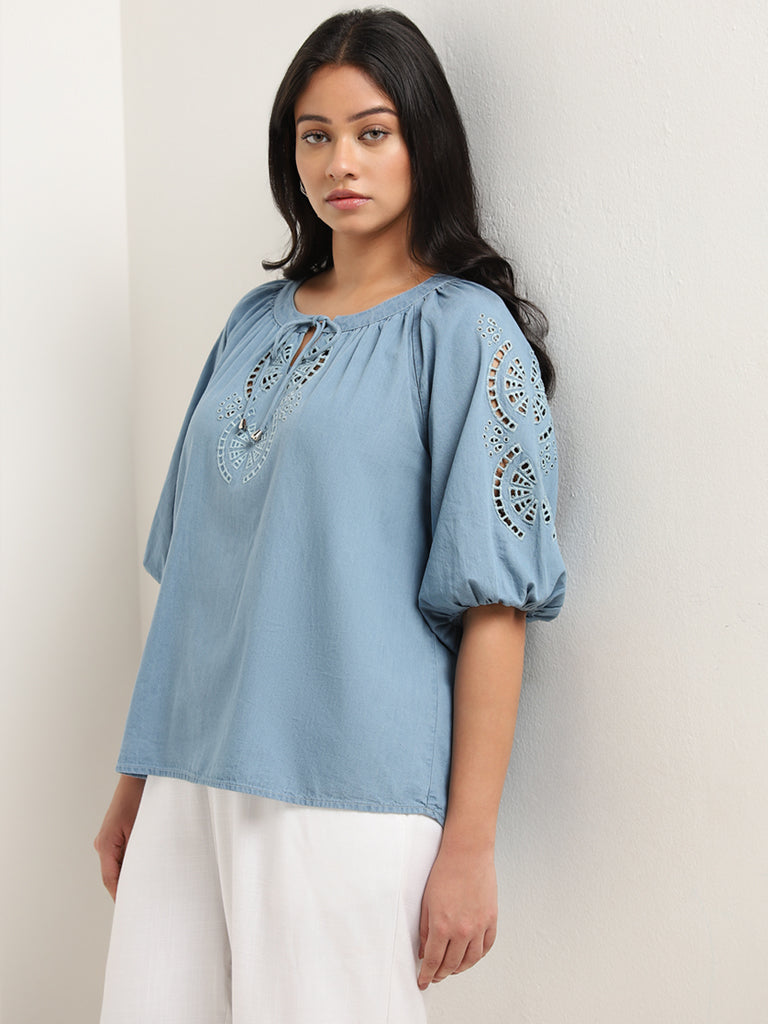 Gia Light Blue Cut-Out Detailed Cotton Blouse