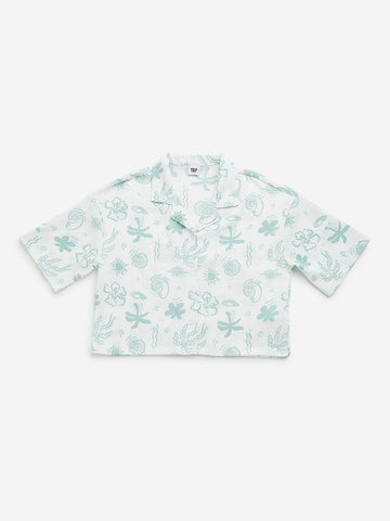 Y&F Kids Light Teal Printed Cotton Shirt