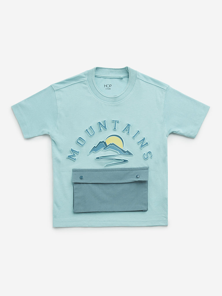 HOP Kids Teal Text Embossed Cotton T-Shirt