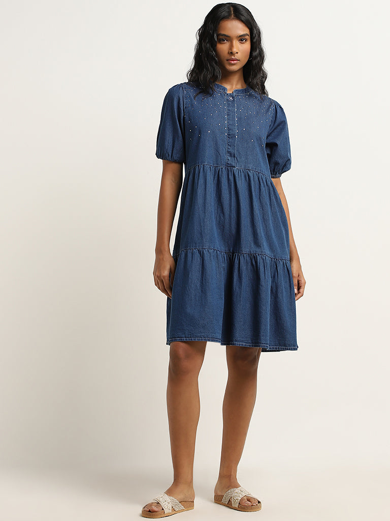 LOV Dark Blue Diamante Detailed Denim Tiered Dress