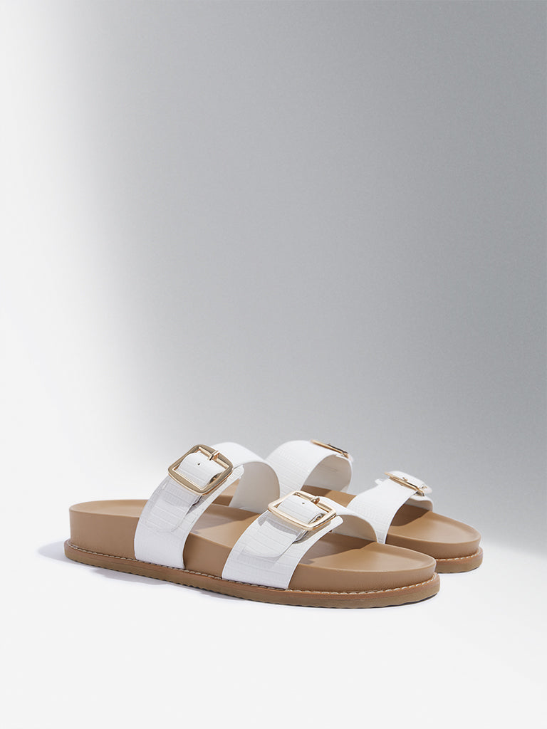 LUNA BLU White Buckle-Detailed Slip-On Sandals