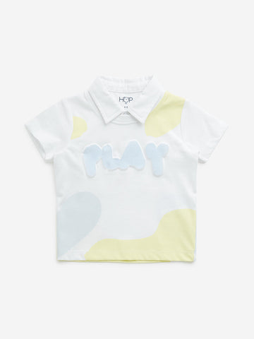 HOP Baby White Text Embossed Collared Cotton T-Shirt