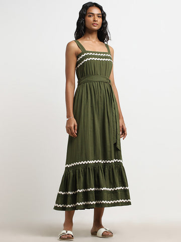 LOV Olive Embroidered Tiered Cotton Dress with Belt