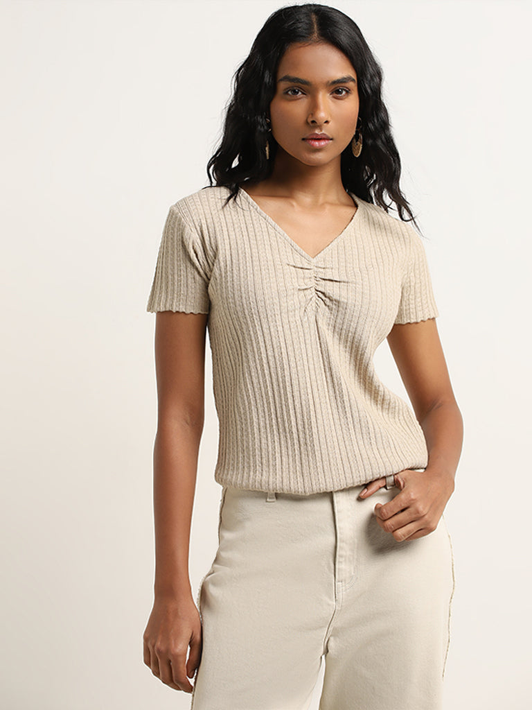 LOV Beige Ribbed Textured Top