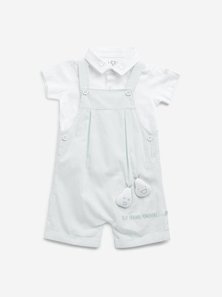 HOP Baby Mint Striped Cotton Dungaree with Shirt Set