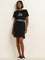 Studiofit Black Text Design Straight Cotton Dress with Belt