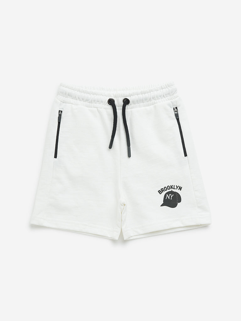 HOP Kids Off-White Text Design Mid-Rise Cotton Shorts