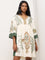 LOV Off-White Embroidered A-Line Blended Linen Dress