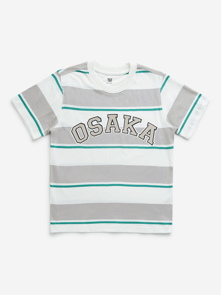 Y&F Kids Off-White Text Printed Cotton T-Shirt