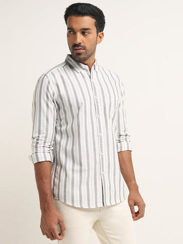 WES Casuals Sage Stripe Printed Slim-Fit Cotton Shirt