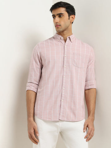 WES Casuals Pink Checkered Design Slim-Fit Cotton Shirt