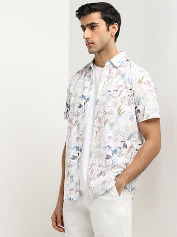 WES Casuals White Leaf Design Slim-Fit Cotton Shirt