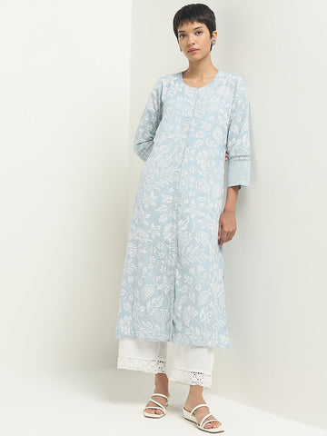 Utsa Light Blue Botanical Printed A-Line Cotton Blend Kurta