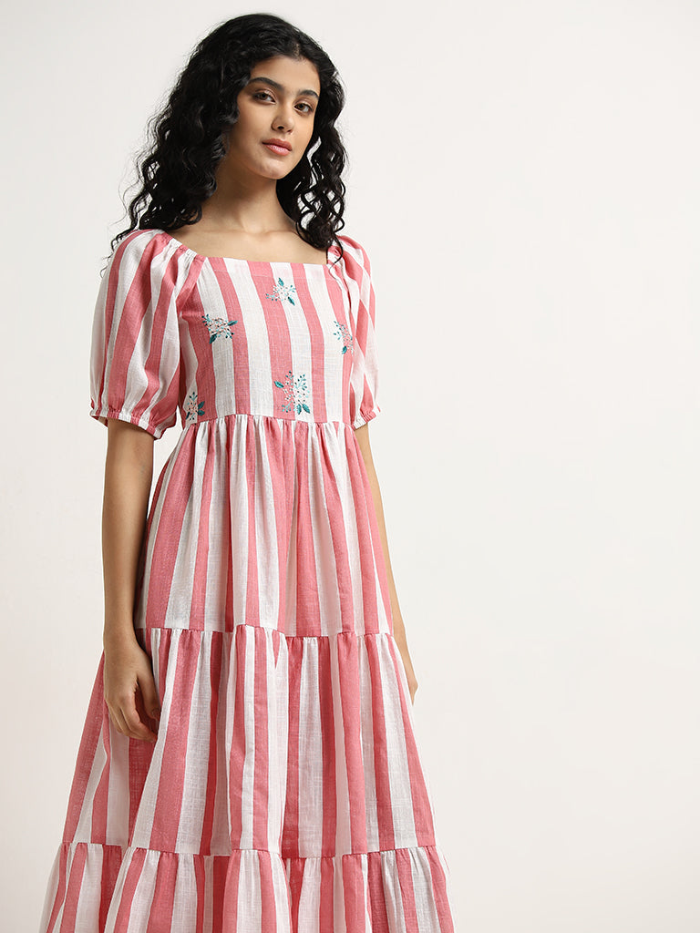 Bombay Paisley Coral Stripe Printed Tiered Cotton Dress