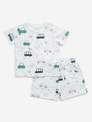 HOP Baby White Printed Cotton T-Shirt with Mid-Rise Shorts Set