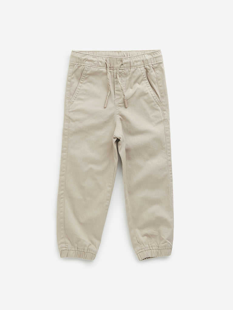 HOP Kids Beige Solid Mid-Rise Cotton Blend Joggers