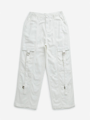 Y&F Kids White Cargo-Style High-Rise Cotton Trousers