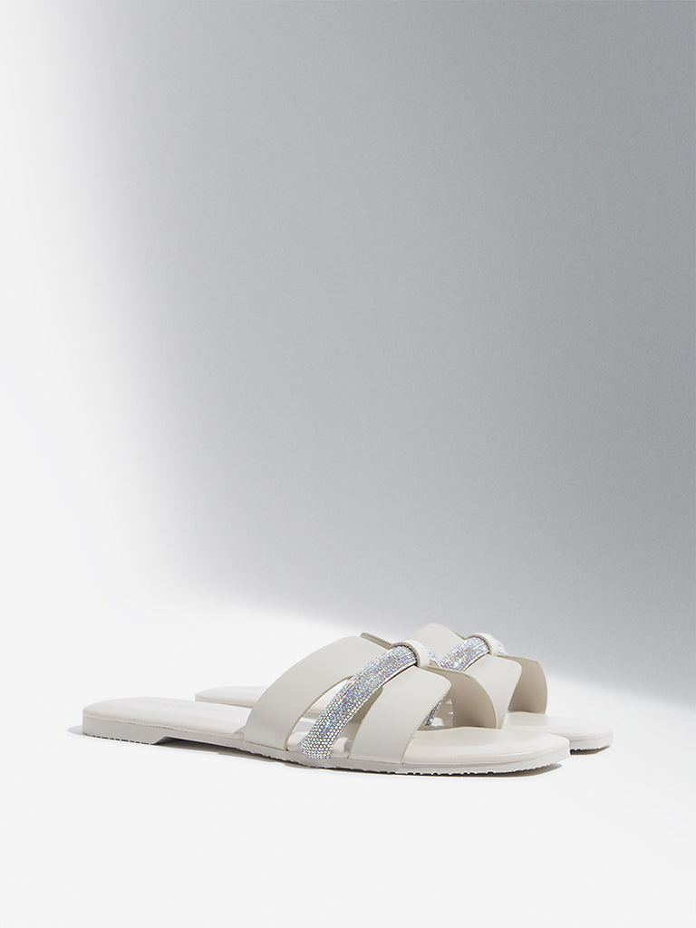 LUNA BLU Ivory Diamante Embellished Slides