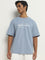 Studiofit Dusty Blue Text Printed Relaxed-Fit T-Shirt