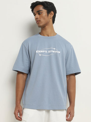 Studiofit Dusty Blue Text Printed Relaxed-Fit T-Shirt