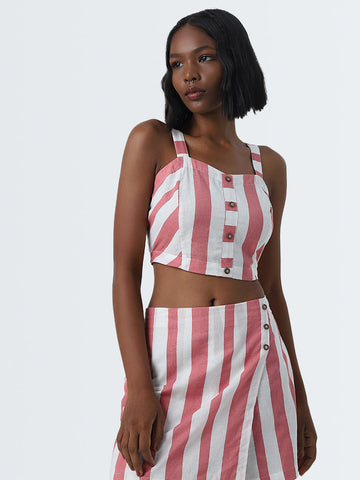 Bombay Paisley Coral Stripe Printed Cotton Crop Top