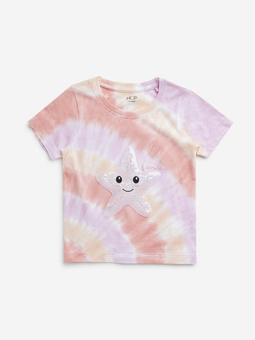 HOP Kids Peach Tie-Dye Printed Cotton T-Shirt