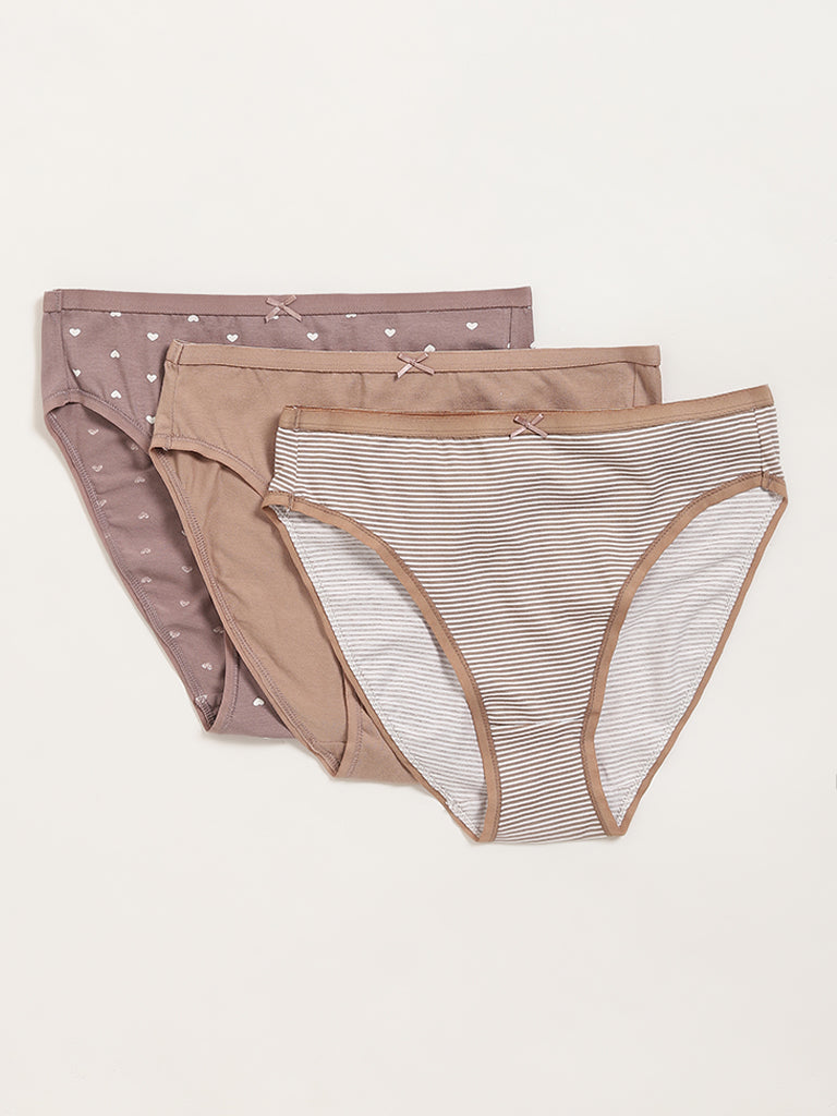 Wunderlove Taupe Cotton Blend Hi-Leg Briefs - Pack of 3