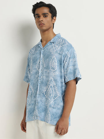 ETA Blue Printed Relaxed-Fit Cotton Shirt